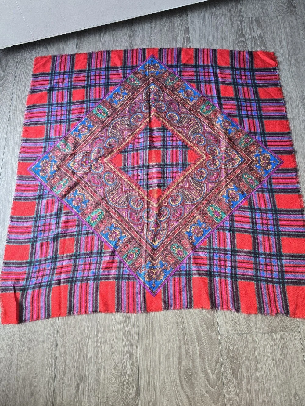 Vintage Square Scarf Red Tartan Plaid Paisley Boho Wool Feel Head Wrap 32x32